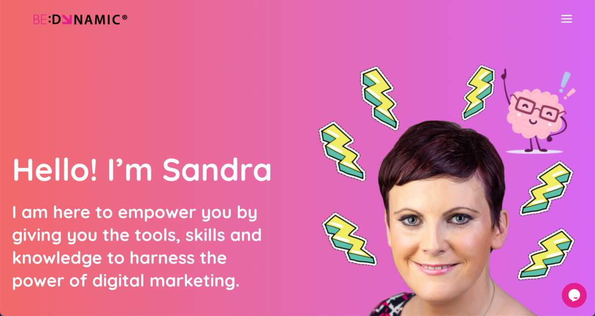 Screen shot of bedynamic website with pink and purple background and cut out shot of Sandra Hennessy